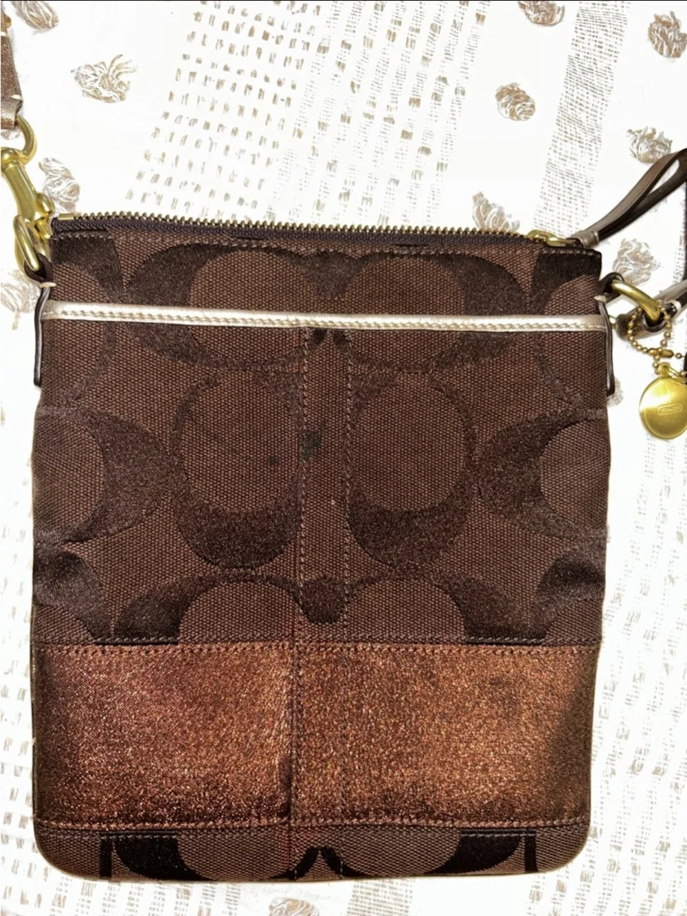 Coach Dark Brown Signature Crossbody Messenger Bag with Metallic Accent